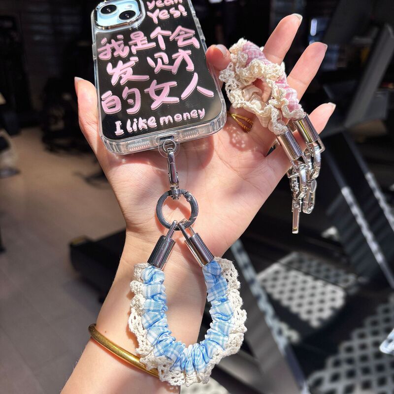Vintage small checkered lace ruffled fabric phone wrist strap with lace trim, anti-lost phone keychain accessory Vintage small checkered lace ruffled fabric phone wrist strap with lace trim, anti-lost phone keychain accessory