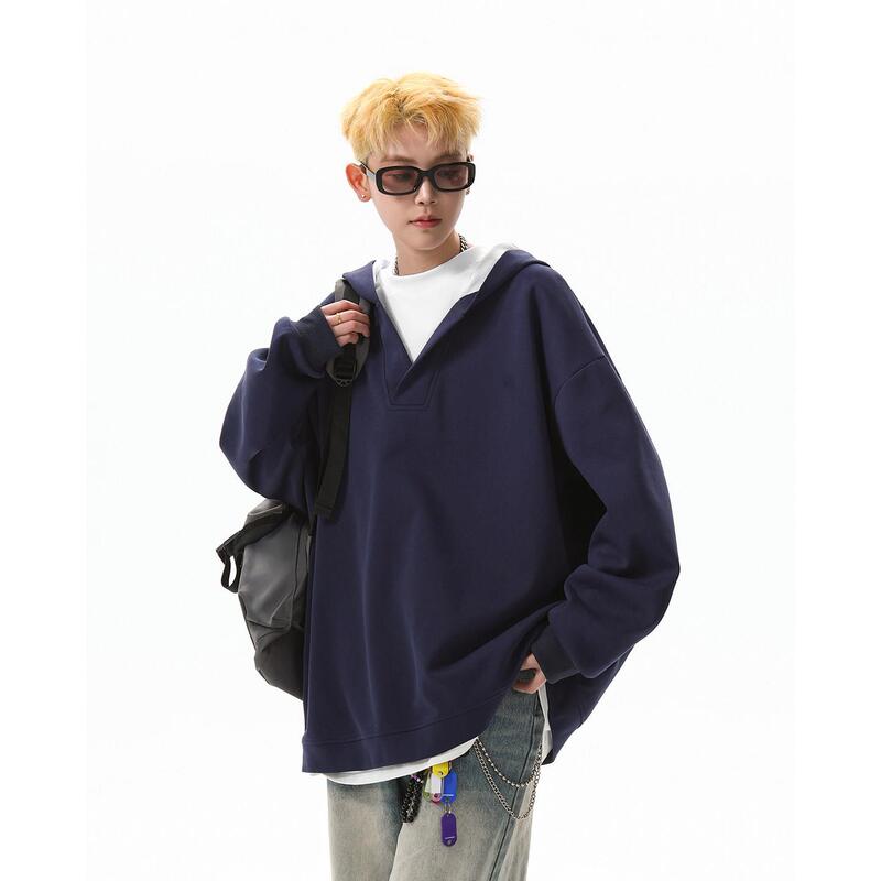 Spring and autumn layered faux two-piece sweatshirt, heavy-duty hooded V-neck patchwork pullover, loose plus-size jacket WY006