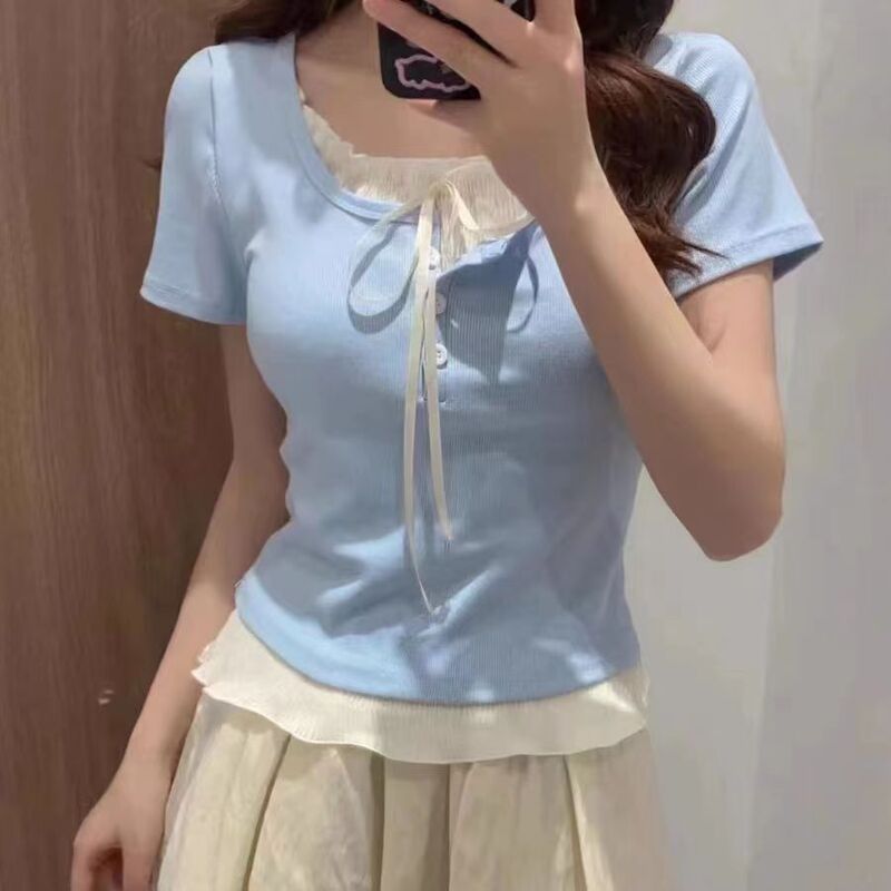 Chanel-Style Faux Two-Piece Regular Shoulder Short-Sleeve T-Shirt for Women, Summer Petite Design, Niche Slimming Versatile Top