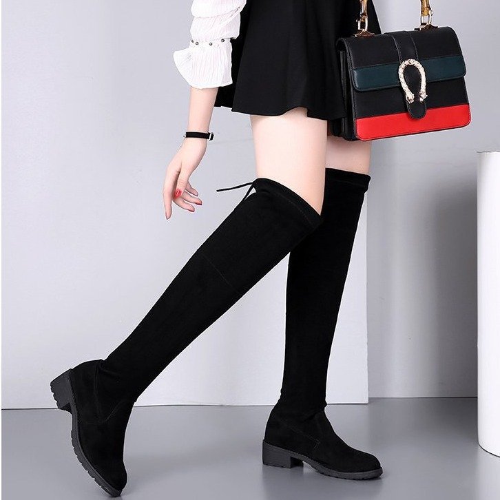 Demi-season comfortable black elastic high boots flat