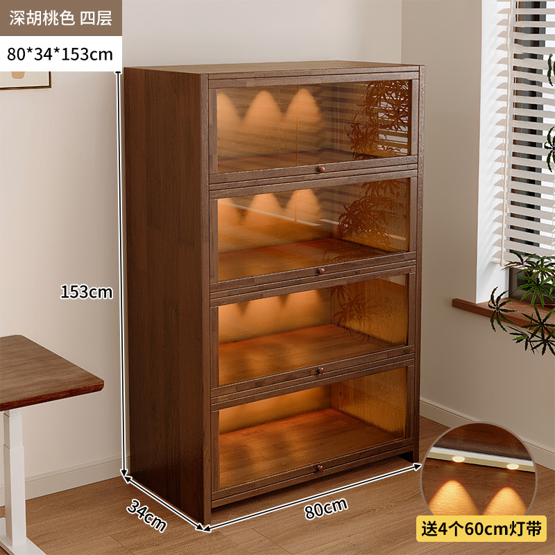 Librería de madera maciza a prueba de polvo integrada contra la pared Armario de almacenamiento de color nogal Armario de almacenamiento Armario de piso Estantería para el hogar