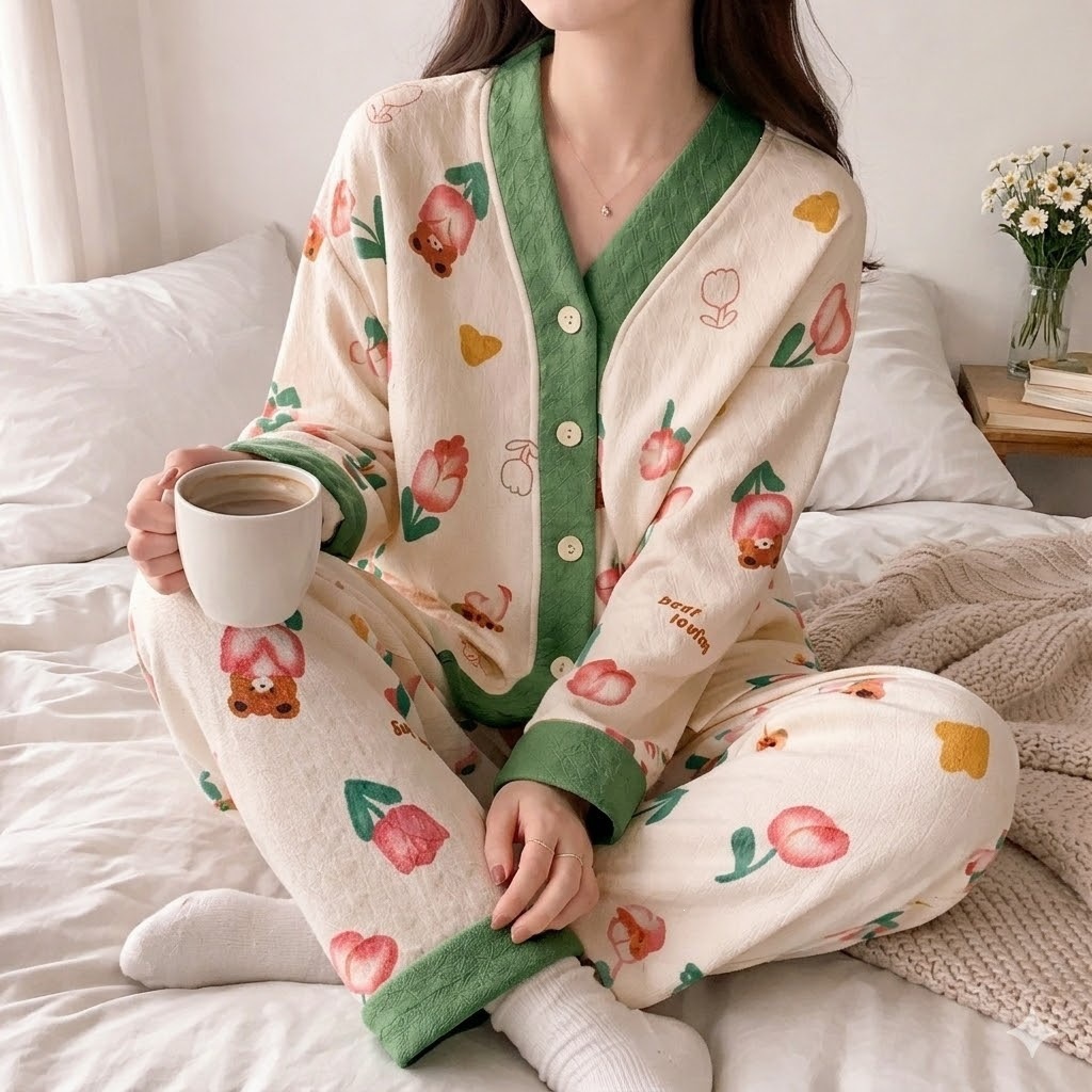 Cereza adorable aire algodón intercalado otoño invierno engrosado pijama mujer 2026 nuevo conjunto de ropa de hogar cálida de manga larga