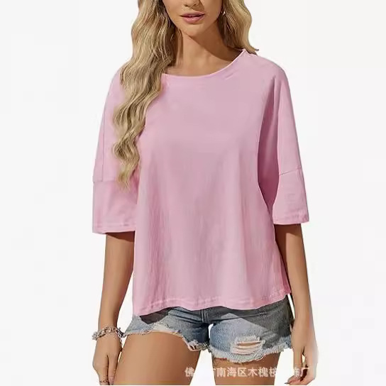 2024 European and American cross-border women's summer T-shirt round neck shirt cotton half sleeve casual loose basic top