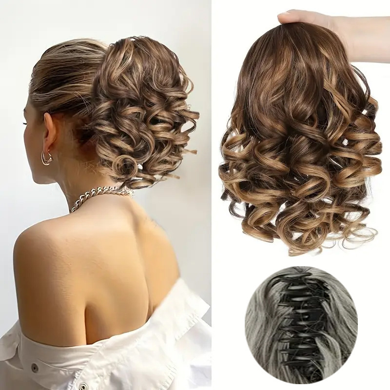 外国貿易女性用ウィッグクリップ、ショートローマンカーリーポニーテール、マルチカラー、ヘアスタイル変更、気質変更、大型クリップ、卸売|undefined