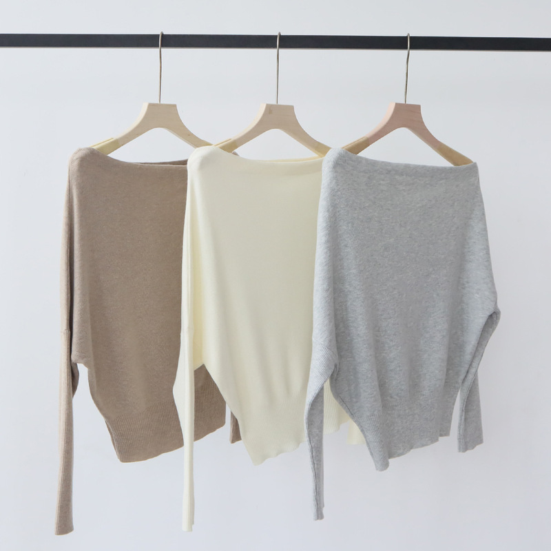 Early Autumn Atmosphere Wear Wool Blend Knitwear Design Off-Shoulder Asymmetric One-Line Collar Bottoming Shirt Top Early Autumn Atmosphere Wear Wool Blend Knitwear Design Off-Shoulder Asymmetric One-Line Collar Bottoming Shirt Top