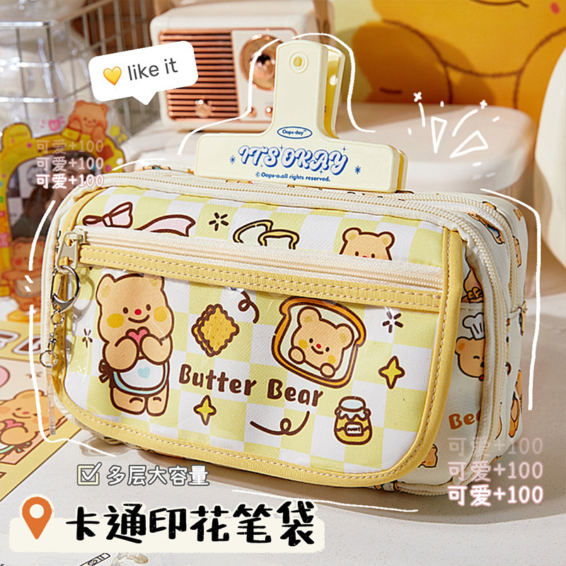 Bolsas de bolsillo de gran capacidad de oso cuadrado diy bolsas de dolor transparentes multicapa de alta calidad de papelero de niñas caja de lápiz de estudiantes