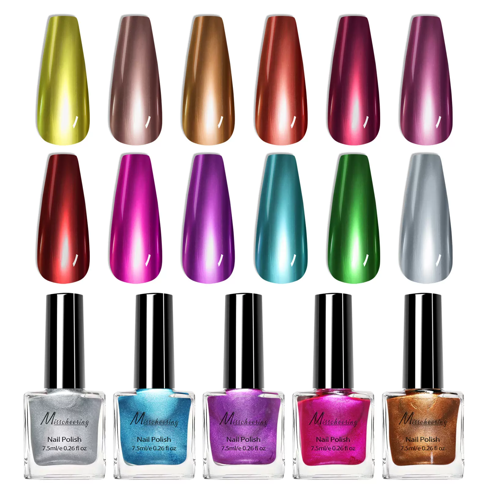 爆款美甲金属镜面指甲油免烤快干效果持久美甲多色亮面甲油