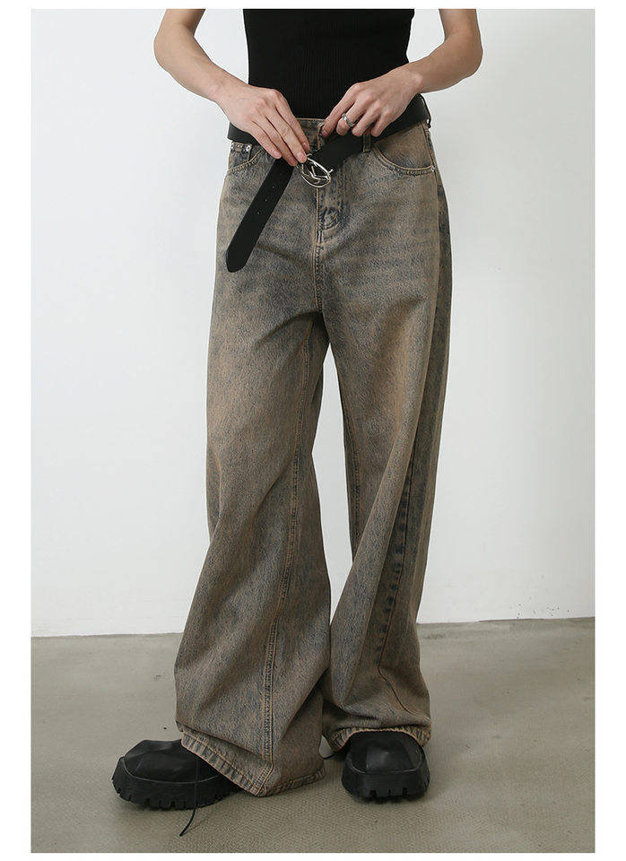 Quần jeans nam ống rộng phong cách retro, dáng suông dài chạm gót, lưng cạp vừa — Vàng gỉ chi tiết 14