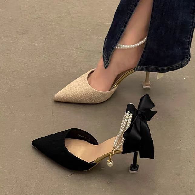 High-Heeled Shoes with Thin Heels for Women, 2026 Spring/Summer New Style, Pearl Ankle Strap, Trendy Fairy-Style Fashion Closed-Toe Elegant Sandals