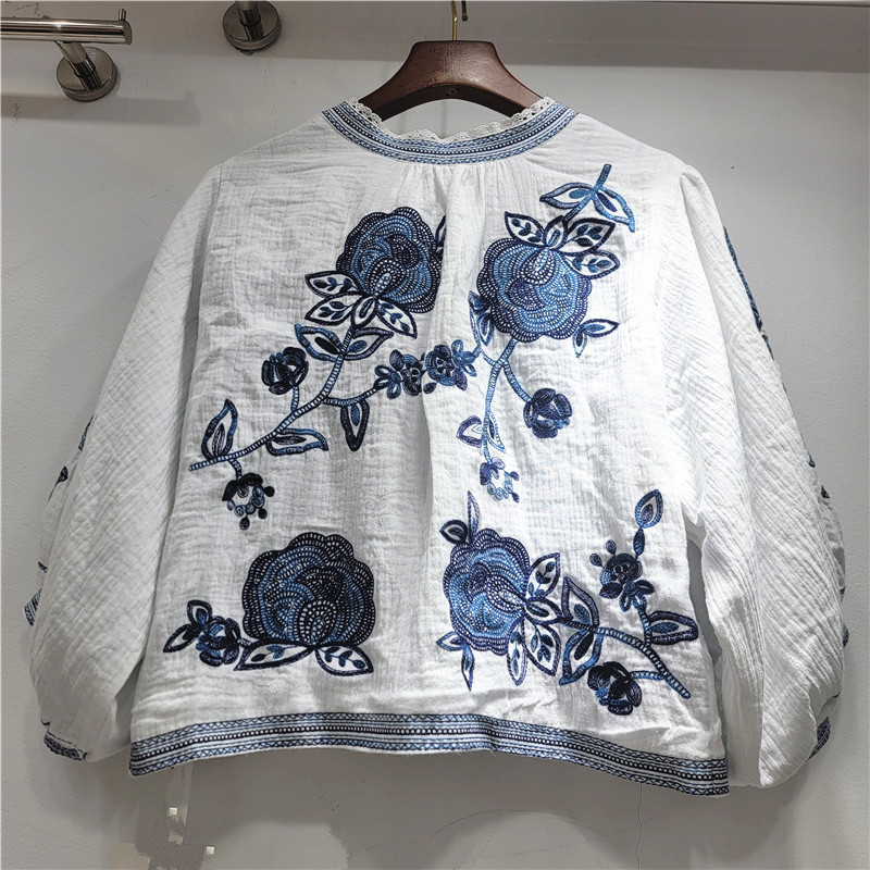 Blusa con Bordado 3D y Mangas Abombadas de Algodón y Poliéster