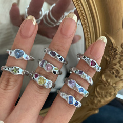 彩色鋯石愛心戒指女INS風組合款小眾高級感開口調節時尚2023新款