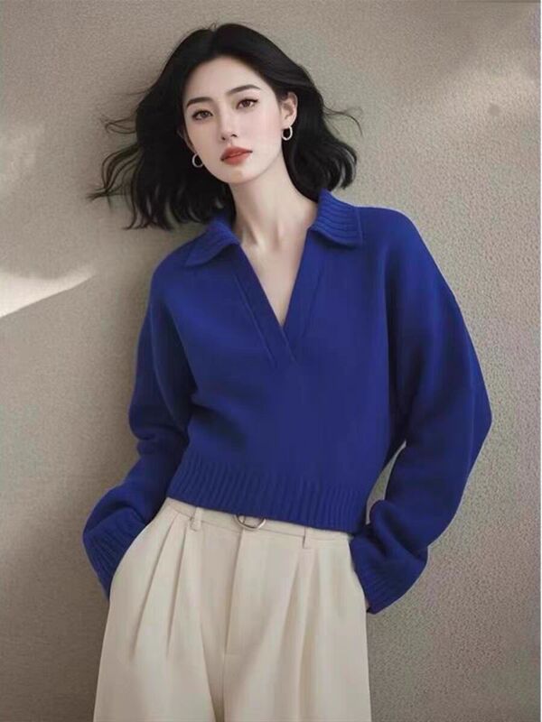 法式高级感半开领蓝色毛衣女新款时尚克莱因蓝上衣长袖针织衫|undefined
