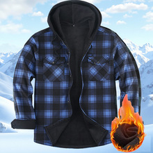 连帽外贸新款男士大码加绒加厚格子衬衫男长袖保暖衬衫男式批发