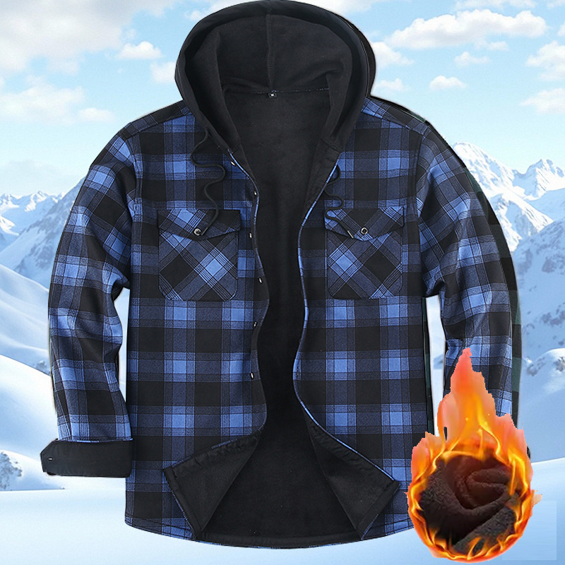 连帽外贸新款男士大码加绒加厚格子衬衫男长袖保暖衬衫男式批发