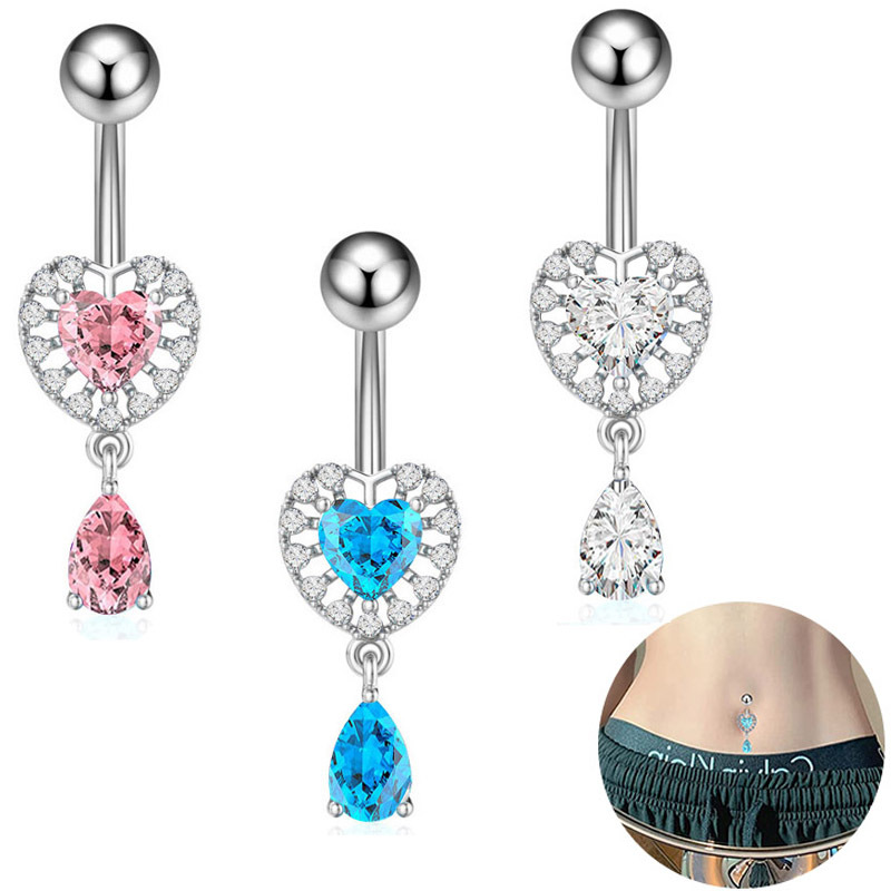 Heart-shaped Navel Ring With Zircon Water Drop Pink Piercing_voghion.com