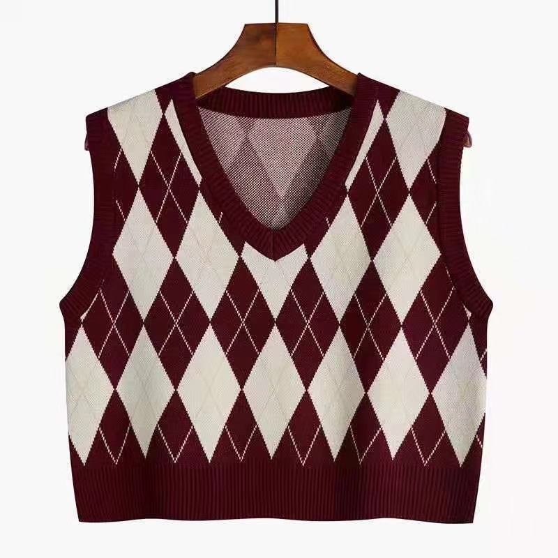 Loose pullover Rhombus chaleco desgaste exterior de las mujeres primavera y otoño 2023 nuevo retro apilados punto Chaleco corto