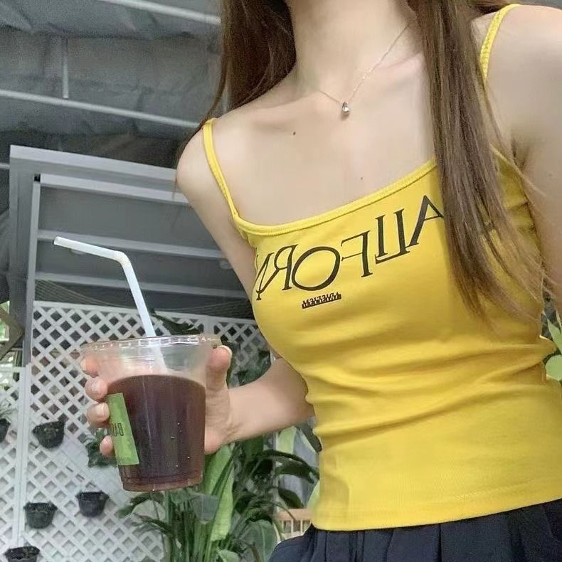 Summer yellow short comfortable top with cups with letters sleevless