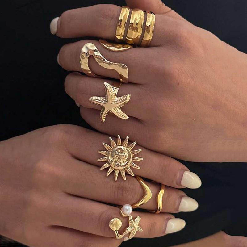 Starfish Adjustable Open Ring Set For Women Beach Jewelry_voghion.com