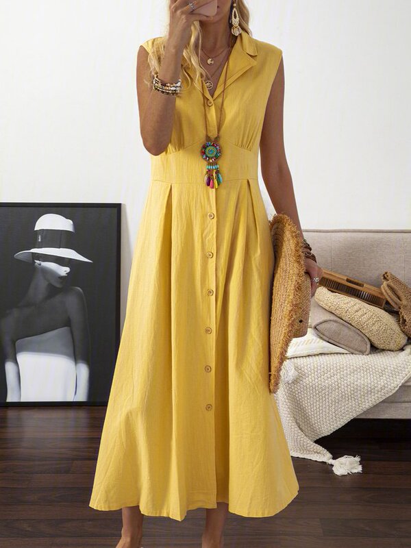 2023 European and American Export Women's Long Skirt Aliexpress Amazon Suit Collar Pure Color Button Sleeveless Full Hem Dress
