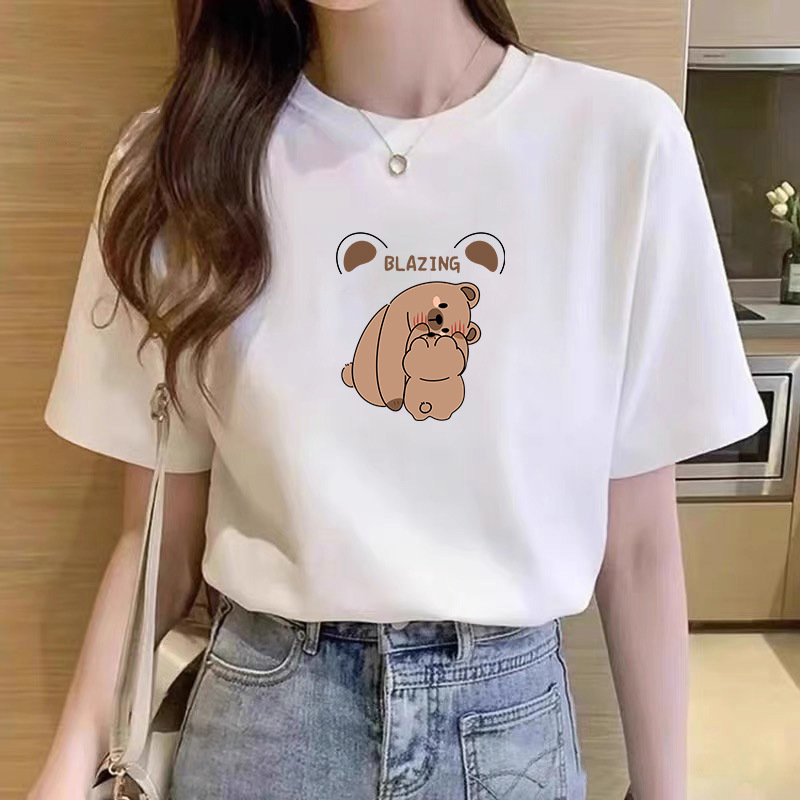 Camiseta de algodón de manga corta para mujer 2024 primavera y verano camiseta blanca con cuello redondo