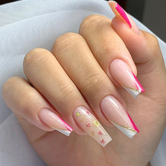 網紅穿戴甲長款簡約閃粉金邊可拆卸指甲貼片成品輕奢美甲甲片批發