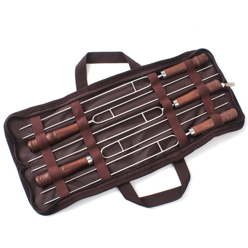 Korean outdoor BBQ stainless steel barbecue needle picnic supplies wooden handle with sliced ​​barbecue fork skewers 5-piece set