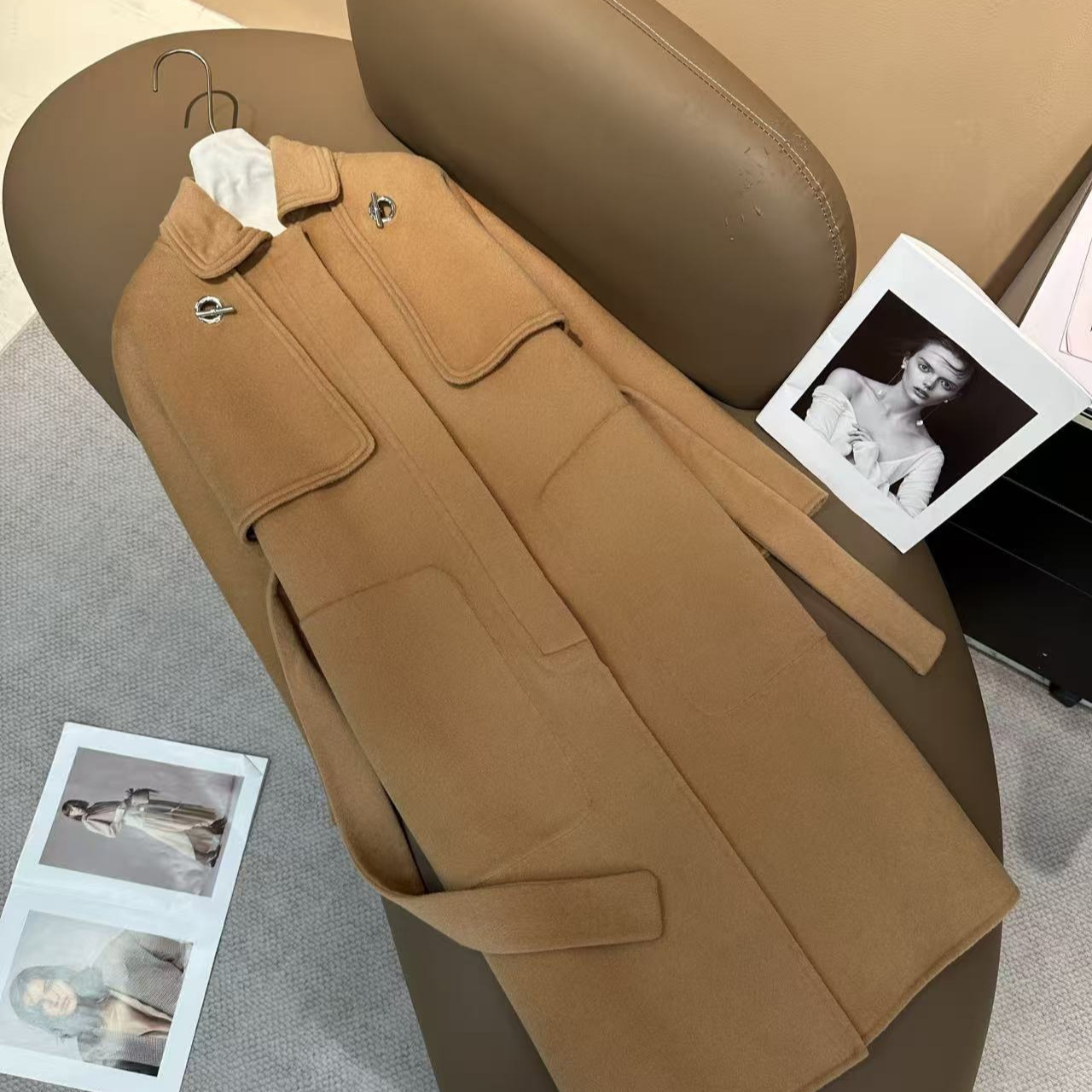 深圳南油2026秋冬新款轻奢双面手缝羊绒短外套+马甲两件大衣套装