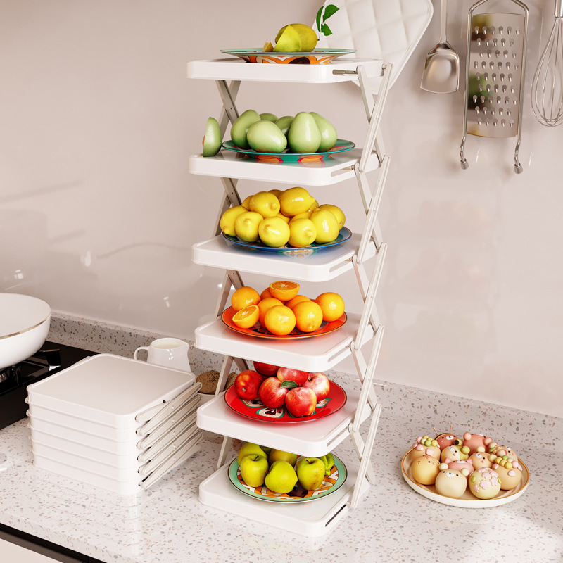 Foldable multi-layer kitchen prep rack with ingredient trays, multifunctional home meal preparation and hot pot ingredient storage rack