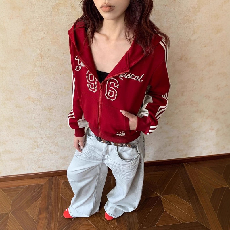 American Retro Beaded Striped Hooded Cardigan Sweatshirt for Women, New Autumn Design, Slimming Zipper Versatile Top