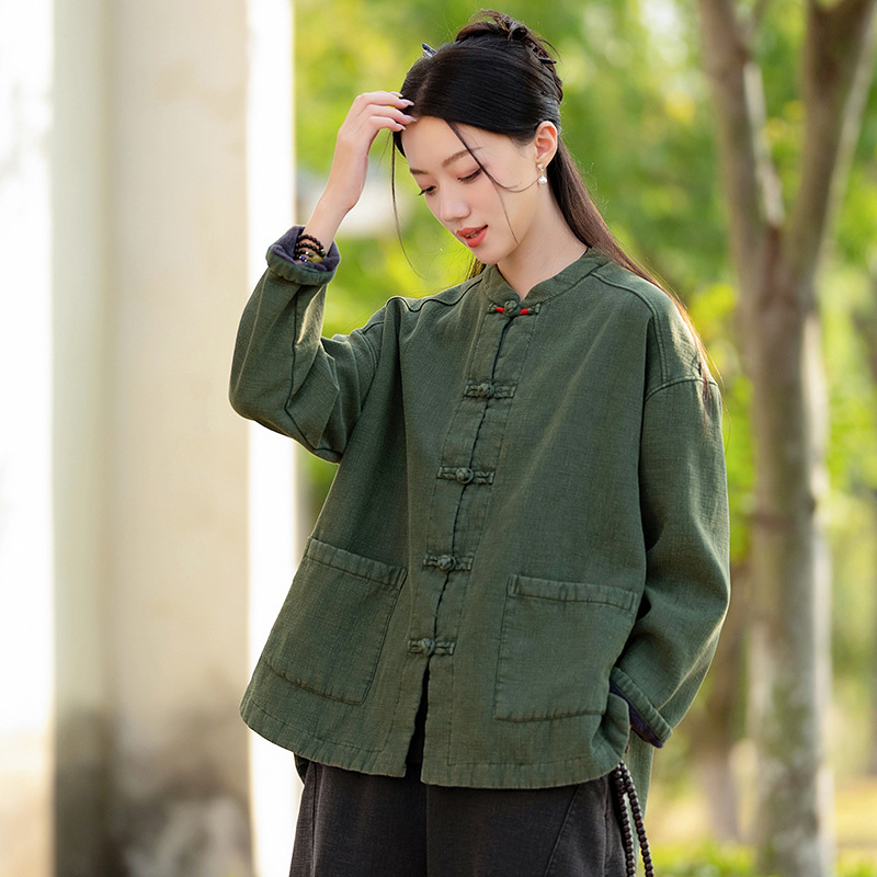 24默念依旧原创布衣加厚夹棉外套女冬季苎麻砂炒中式复古对襟棉衣