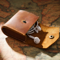 Top-layer cowhide mini storage pouch, retro-style coin and key wallet, compact earphone case, and cable organizer small wallet