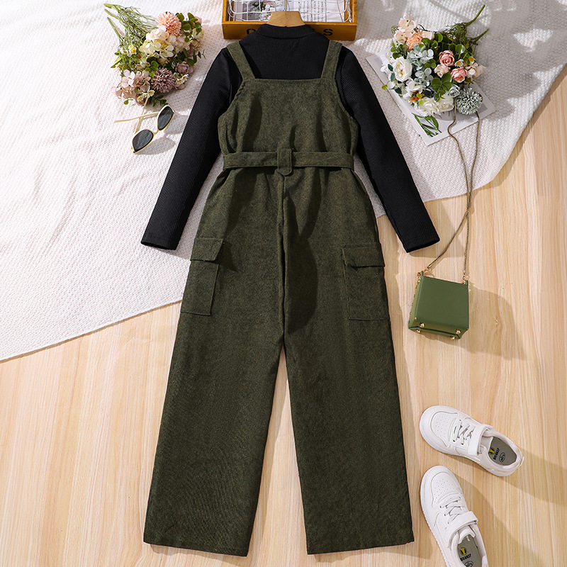 Girls' overalls set Korean version autumn and winter new item, mid size sleeved knitted sweater long pants two-piece_voghion.com