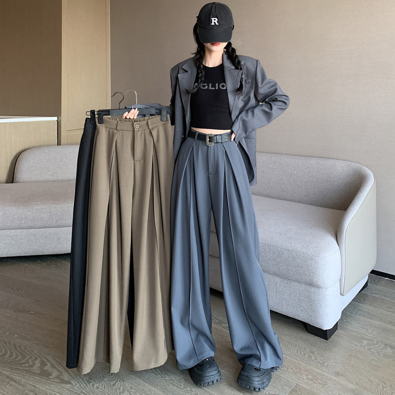 High-End Gray Suit Wide-Leg Pants for Women, Spring and Autumn High-Waisted Pleated Loose Straight-Leg Pants, Floor-Length Casual Long Pants