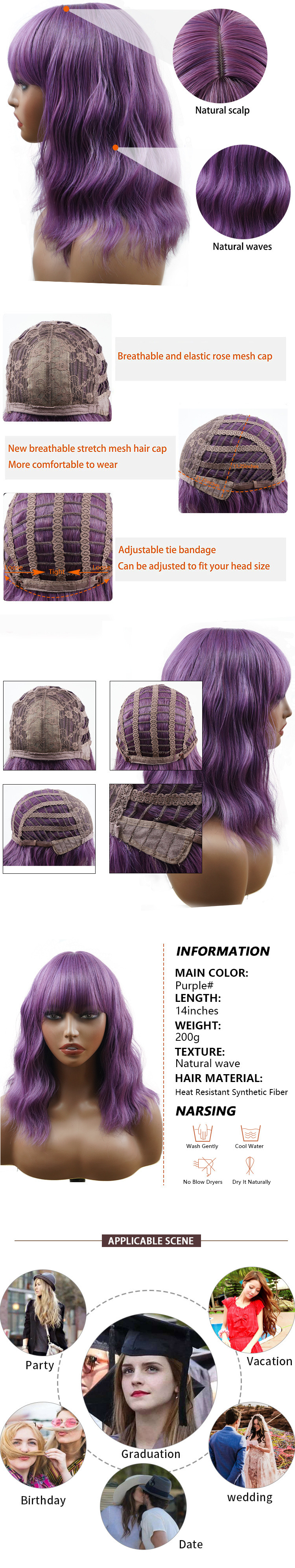 Copricapo in fibra chimica del commercio estero transfrontaliero all'ingrosso, capelli corti ricci con ondulazioni d'acqua viola con frangia e parrucche a caschetto_voghion.com