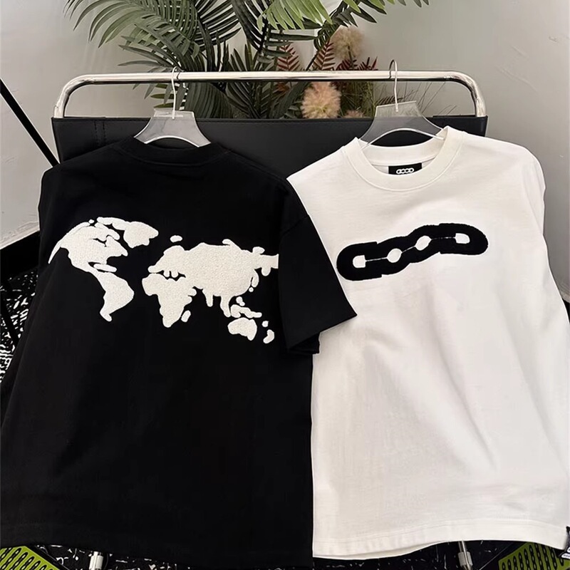 Good Short-Sleeved T-Shirt with Towel Embroidery and Jacquard Earth Lettering, Trendy Brand, Loose Fit, Round Neck, Heavyweight Pure Cotton Short T-Shirt, Unisex Good Short-Sleeved T-Shirt with Towel Embroidery and Jacquard Earth Lettering, Trendy Brand, Loose Fit, Round Neck, Heavyweight Pure Cotton Short T-Shirt, Unisex