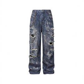 丐帮帮主高端欧版春夏男士牛仔裤窄版直筒弹力洗水破洞阔腿男长裤