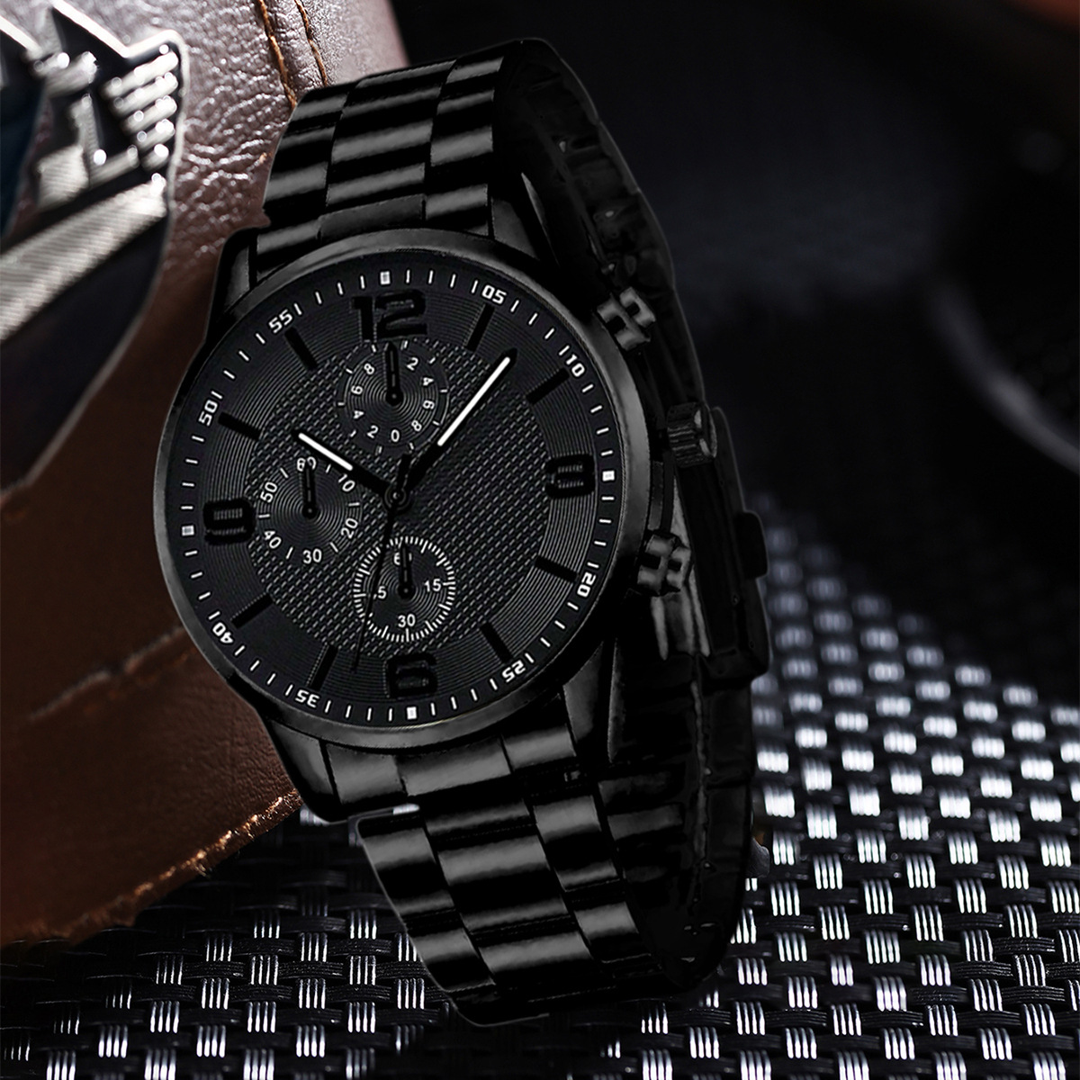 Cross-Border New Products Hot-Selling Fashion Digital Three-Eye Men's Watch with Leather Strap, Men's Wristwatch, Direct from Manufacturer, Wholesale