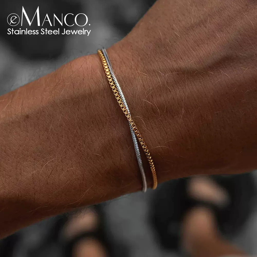 eManco叠戴不锈钢镀真金双层手链男时尚嘻哈个性小众高街百搭手饰
