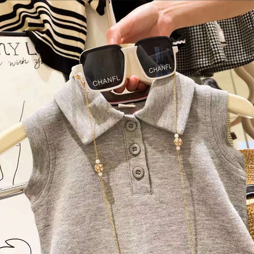 Girls' Summer 2024 New Fashion College Style Sleeveless Pleated Skirt Polo Dress Children Princess Dress Trendy