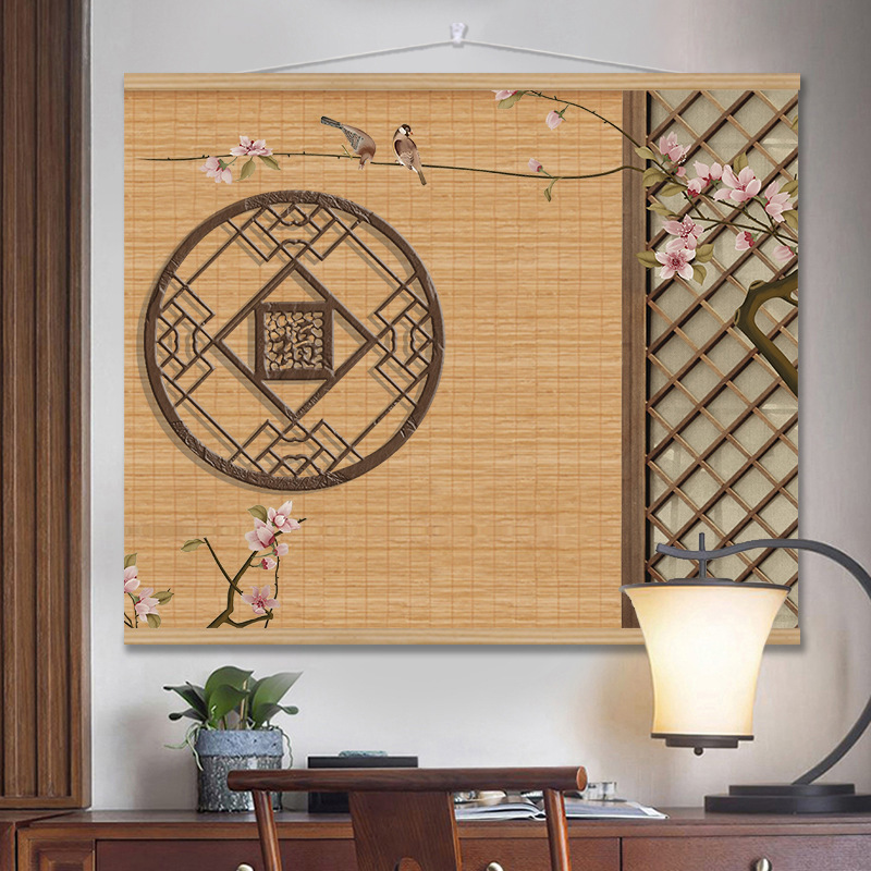中式复古风大尺寸竹帘挂画茶室客厅卷轴装饰画卧室玄关禅意背景画|undefined