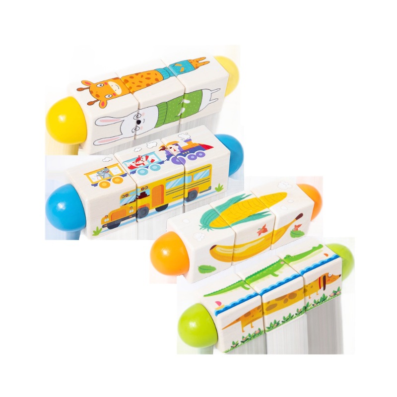 Bloques de construcción de rompecabezas tridimensionales de madera 0-3 agarre animales de dibujos animados tráfico de frutas y verduras rompecabezas giratorio rompecabezas rompecabezas juguetes educativos