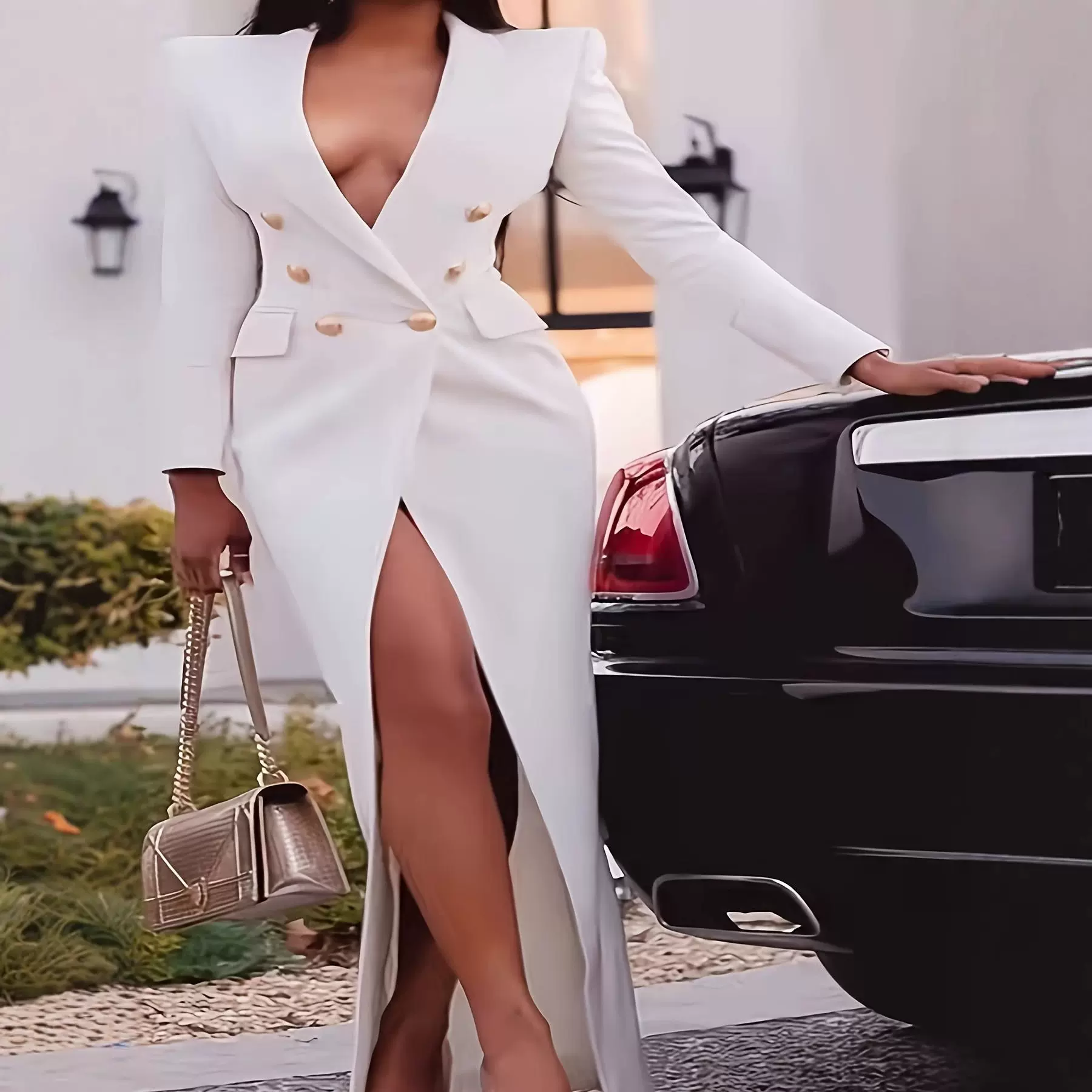 2025欧美女装 亚马逊 独立站 秋冬 纯色双排扣包臀长袖长款小西装