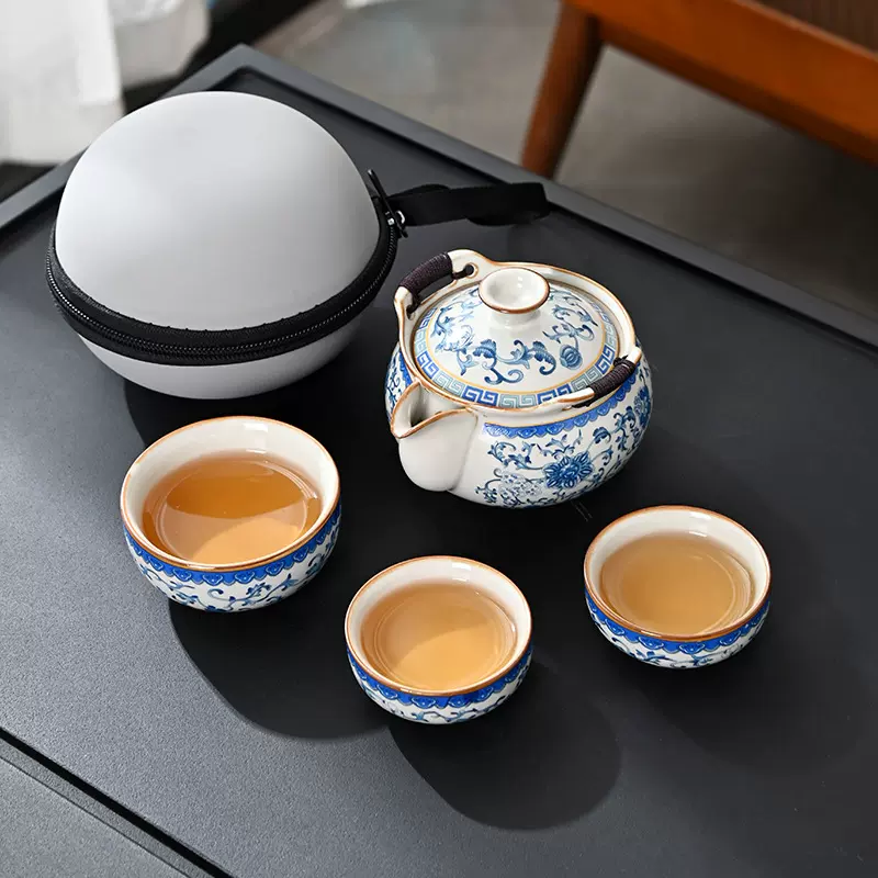 手抓壶青花汝窑旅行茶具套装一壶三杯陶瓷快客杯户外露营喝茶装备