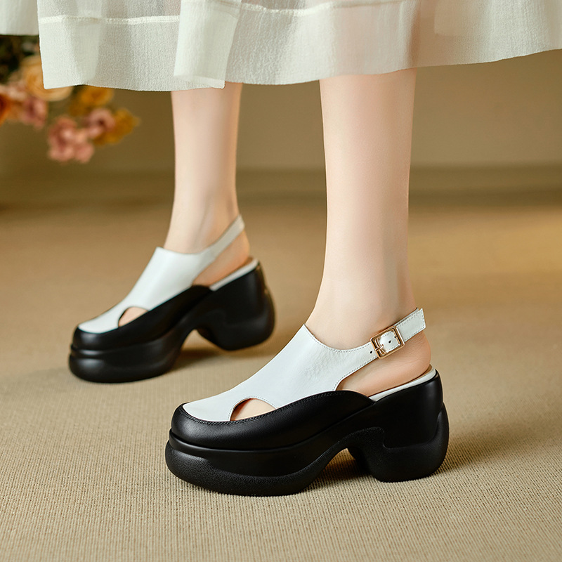 Sandal nữ cao gót đế xuồng platform mũi kín phong cách La Mã, gót 9.5 cm — màu đen, màu trắng