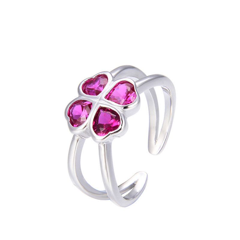 Moda coreana temperamento dulce anillo de cuatro hojas damas s925 plata abierto ajustable anillo de flores anillo índice
