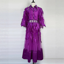 欧美澳洲小众重工羽毛刺绣翻领钉钻镂空灯笼袖高级连衣裙纯色长裙