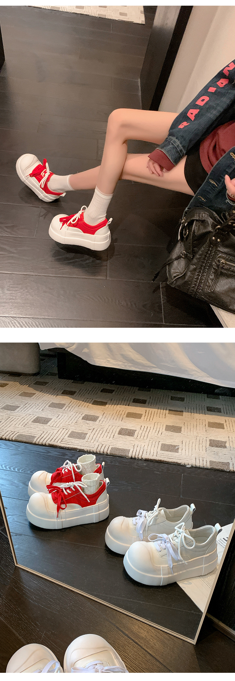 Giày sneaker nữ chunky đế dày mũi tròn phối màu dây buộc cổ sâu — màu trắng, màu đỏ chi tiết 13