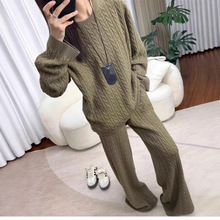 亚马逊欧货秋季新款慵懒风麻花圆领毛衣套装设计感针织两件套女