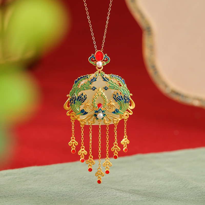 YUEBAO JEWELRY S925 STERLING 실버 골드 도금 HETIAN JADE 국가 패션 CLOISONNE PHOENIX NIRVANA RUYI TASSEL 펜던트 펜던트