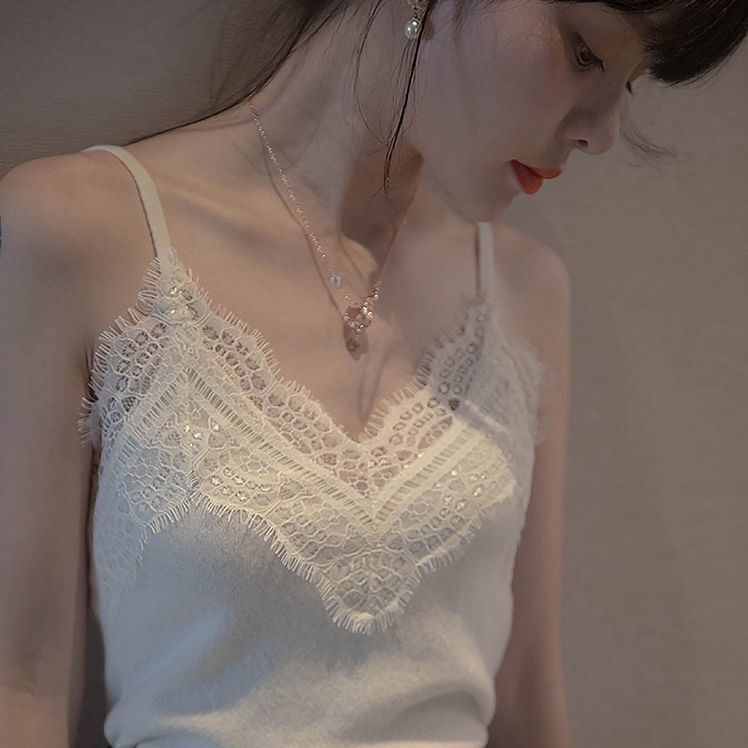 White Camisole Women's Autumn Fleece-lined Thickened Lace Knitted Base Shirt Sleeveless Top Instagram Style Trendy